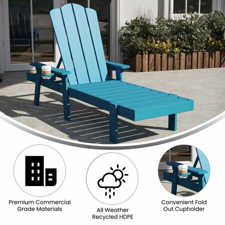 Flash Furniture Sonora Adjustable Adirondack Lounger w/Cup Holder, All-Weather Recycled HDPE Lounge Chair in Blue LE-HMP-070-01-BL-GG